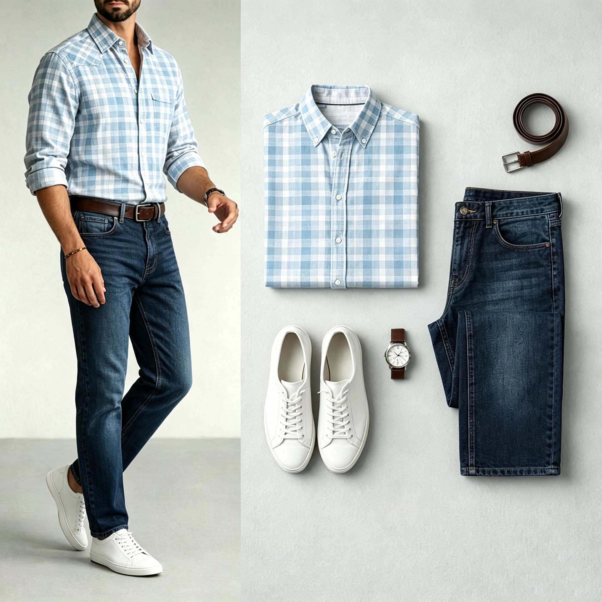 Men's Light Blue & Dark Blue Color Matching Retro Style Plaid Printed Lapel Collar Long Sleeves Shirt & Jeans Two-Piece Set