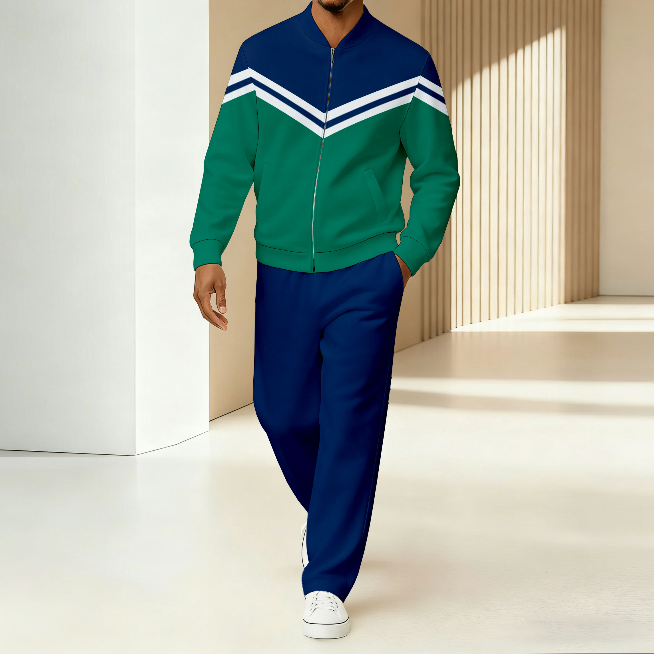 Men's Minimalist Navy Blue & Green Color-Block Striped Printed Jacket Sports Jogging Set