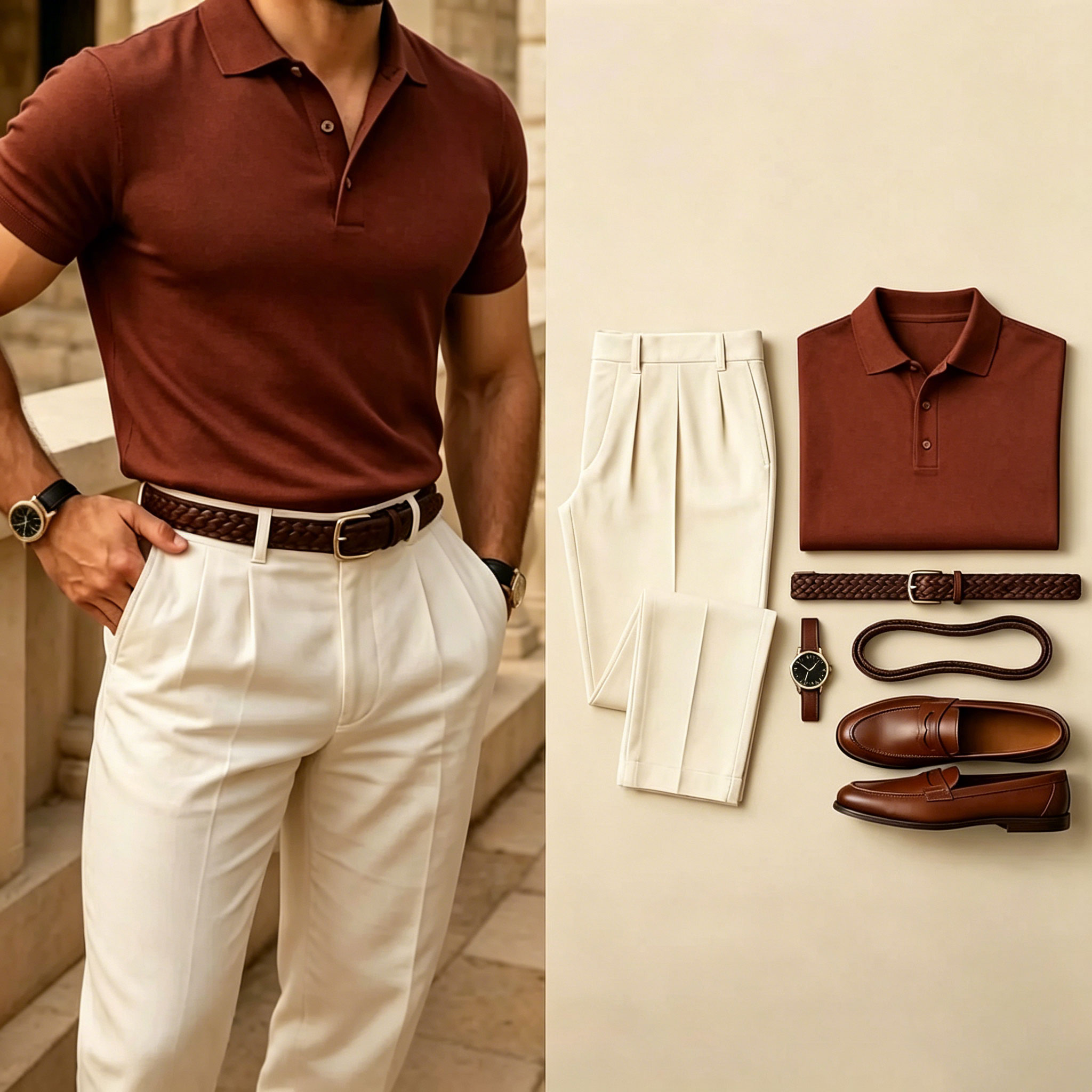 Men's Casual Color Matching Short Sleeves Polo Shirt & Pants Two Piece Set