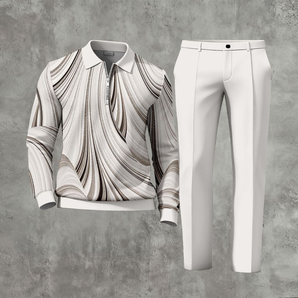 Men's Casual Beige Color Matching Printed Zipper Long Sleeved Polo Shirt & Trousers Two-Piece Set