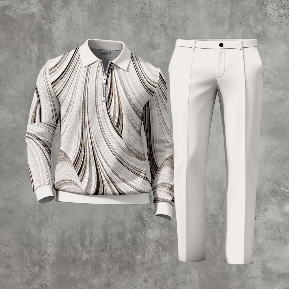 Men's Casual Beige Color Matching Printed Zipper Long Sleeved Polo Shi