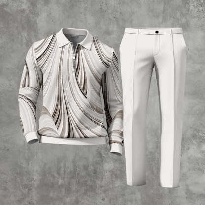 Men's Casual Beige Color Matching Printed Zipper Long Sleeved Polo Shirt & Trousers Two-Piece Set