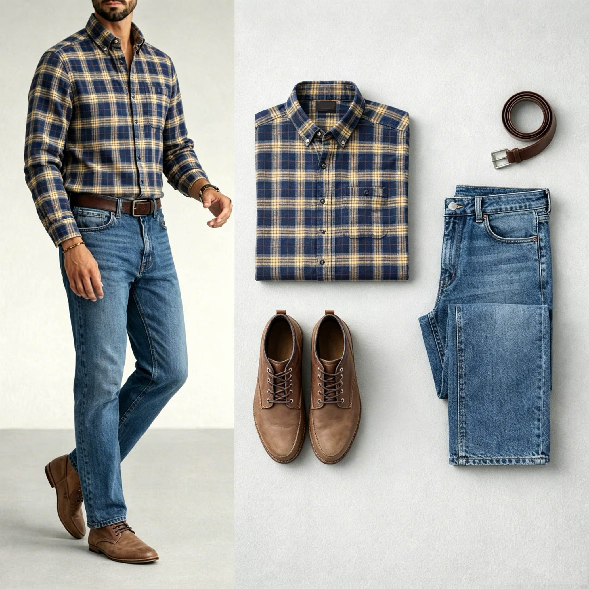 Men's Navy Blue & Yellow Color Matching Retro Style Plaid Printed Lapel Collar Long Sleeves Shirt & Jeans Two-Piece Set