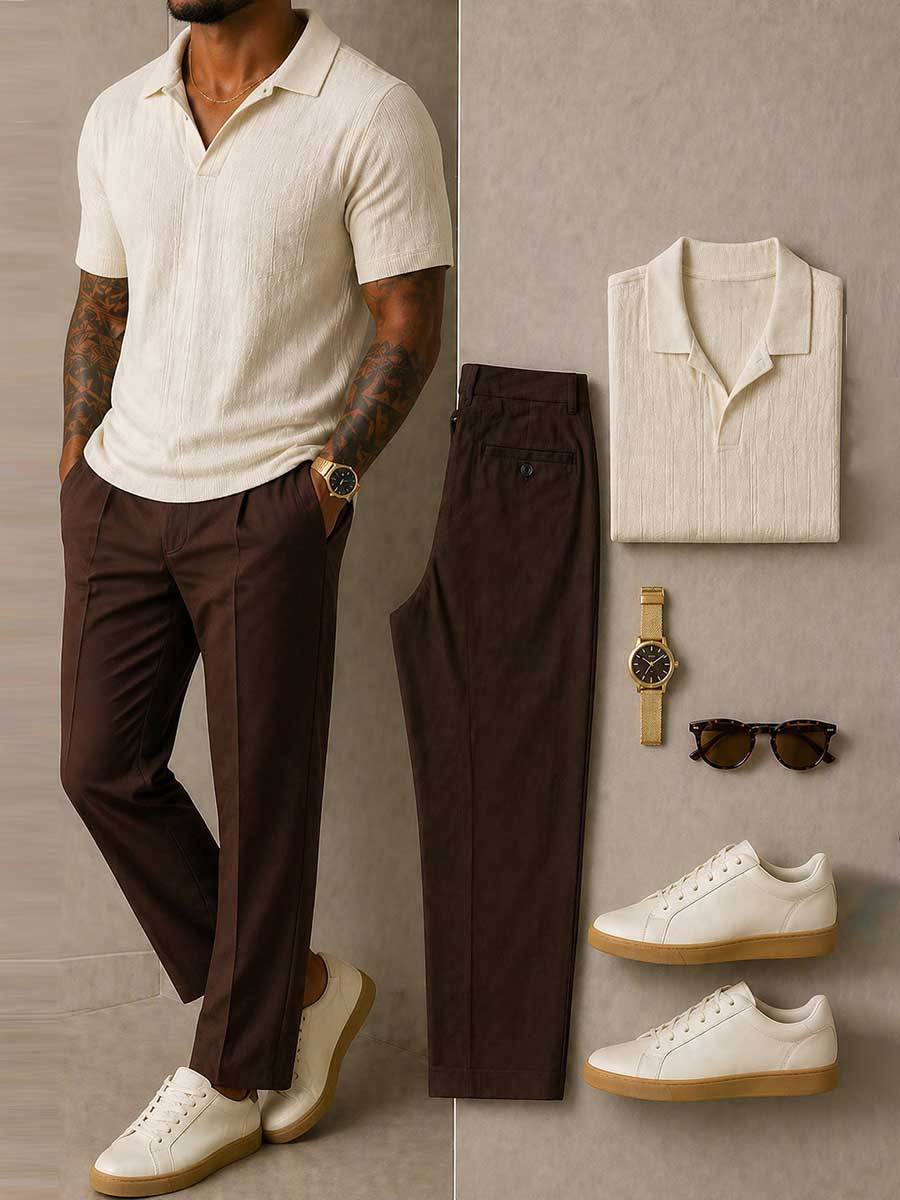 Men's Beige & Brown Color Matching Short-Sleeve Knit Polo Shirt & Trousers Two-Piece Set