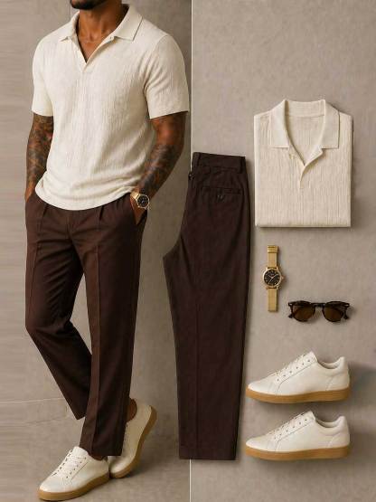 Men's Beige & Brown Color Matching Short-Sleeve Knit Polo Shirt & Trousers Two-Piece Set