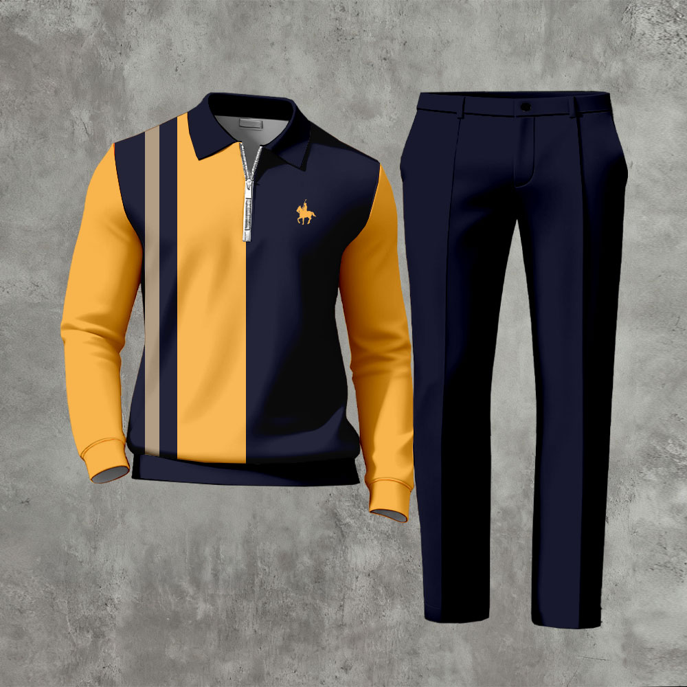 Men's Casual Navy Blue & Orange Color Matching Striped Printed Zipper Long Sleeved Polo Shirt & Trousers Two-Piece Set