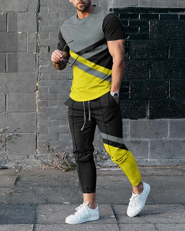 Suitmens Men's simple contrast color short-sleeved trousers suit 4 col