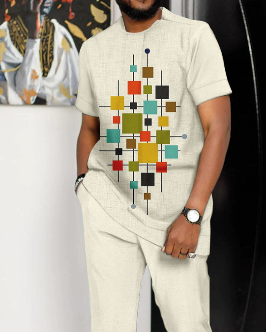 Men's Color Block Print Short Sleeve Athletic Walking Suit