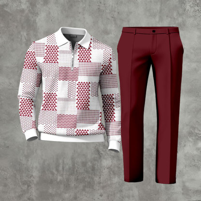 Men's Casual Red & White Color Matching Geometric Printed Polo-Collar Zipper Long Sleeved Trousers Two-Piece Set