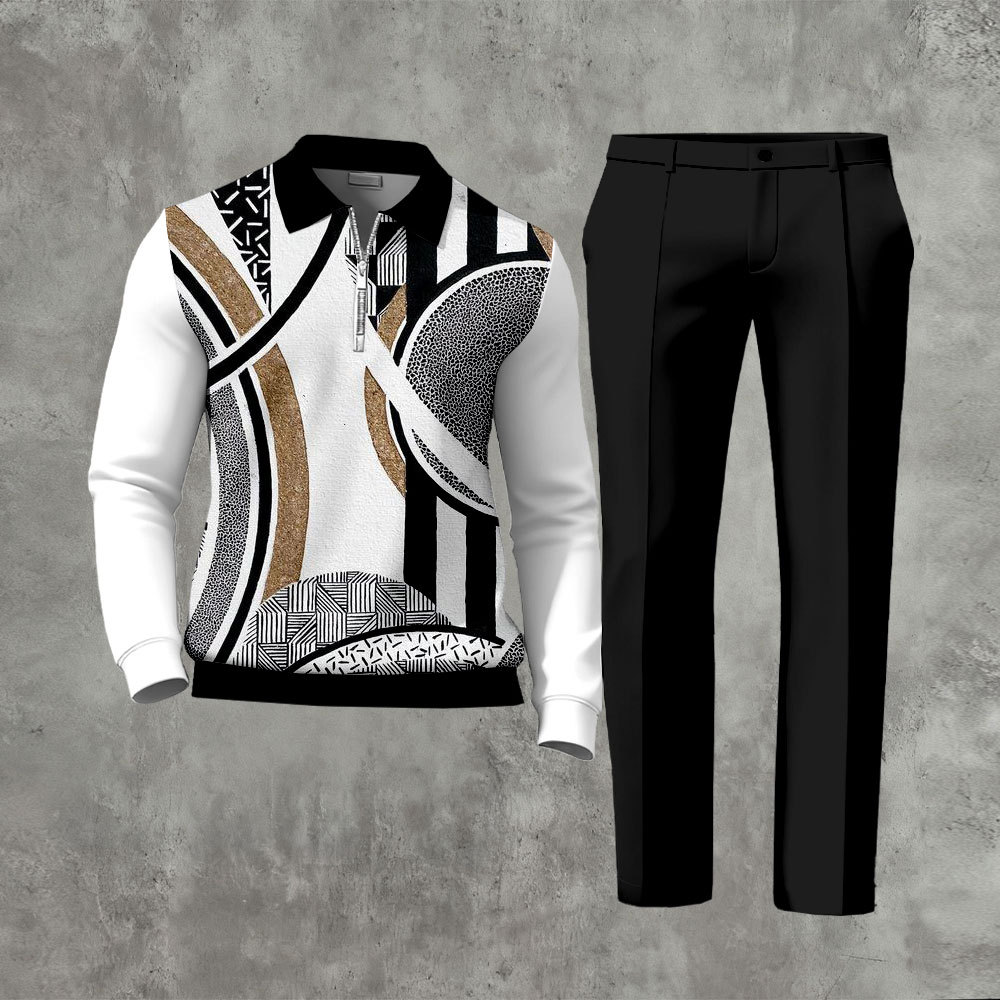 Men's Casual Black & White Color Matching Retro Printed Zipper Long Sl