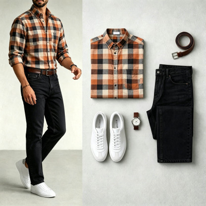 Men's Navy Blue & Yellow Color Matching Retro Style Plaid Printed Lapel Collar Long Sleeves Shirt & Jeans Two-Piece Set