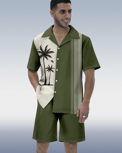 Men's Hawaiian Tiki Party Print Cuban Collar Short Sleeve Shirt Set