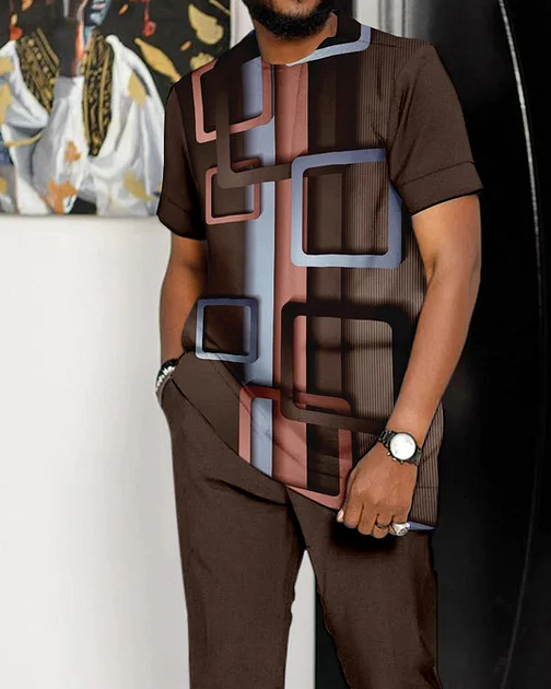 Suitmens Men's Fashion Print Short Sleeve Athletic Walking Suit -329