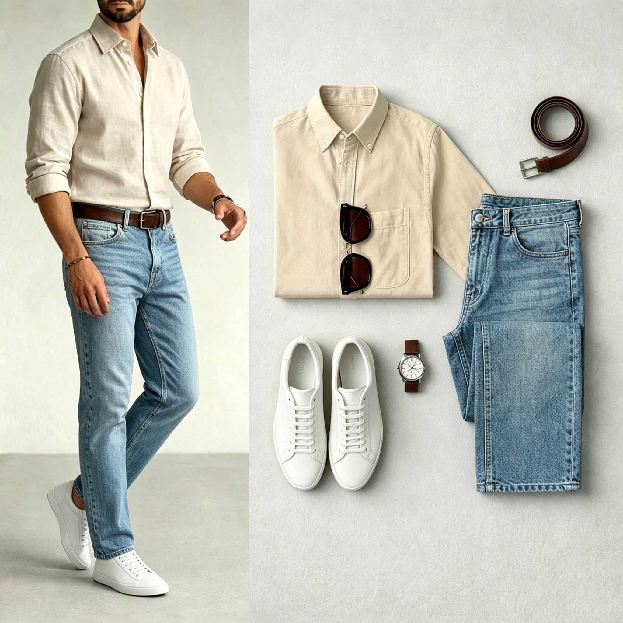 Men's Khaki & Light Blue Color Matching Retro Style Lapel Collar Long Sleeves Shirt & Jeans Two-Piece Set