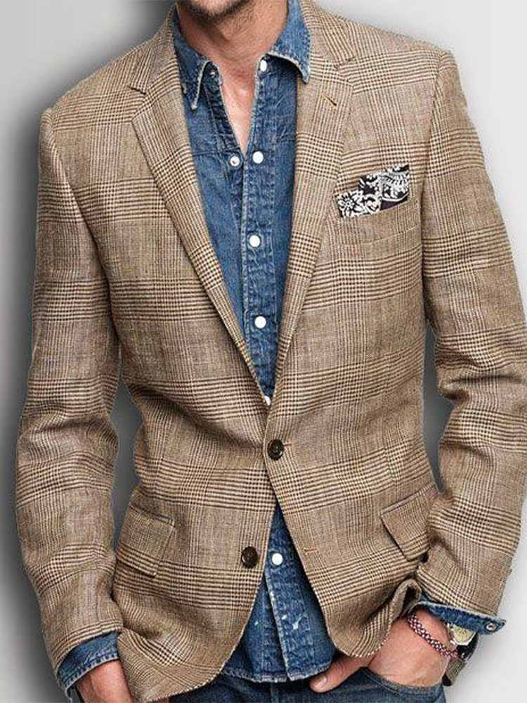 Men's Yellow Khaki Multi-Check Blazer