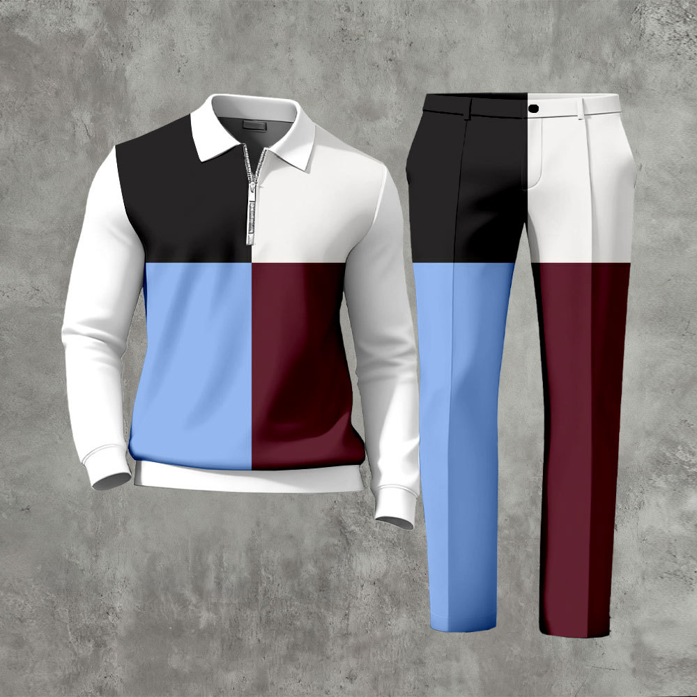 Men's Casual Multi Color Matching Geometric Printed Zipper Long Sleeve