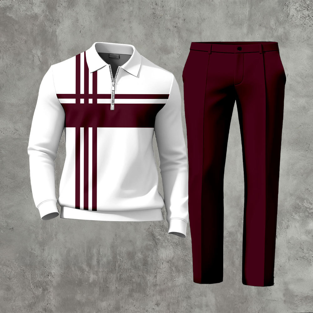 Men's Casual Maroon & White Color Matching Striped Printed Polo-Collar