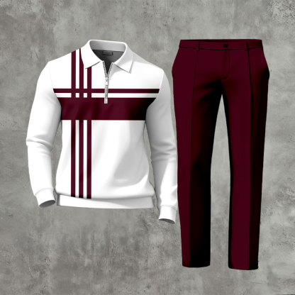 Men's Casual Maroon & White Color Matching Striped Printed Polo-Collar Zipper Long Sleeved Trousers Two-Piece Set