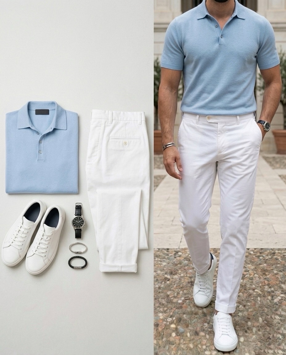 Men's Casual Light Blue Knit Polo Shirt & White Pants Two-Piece Set
