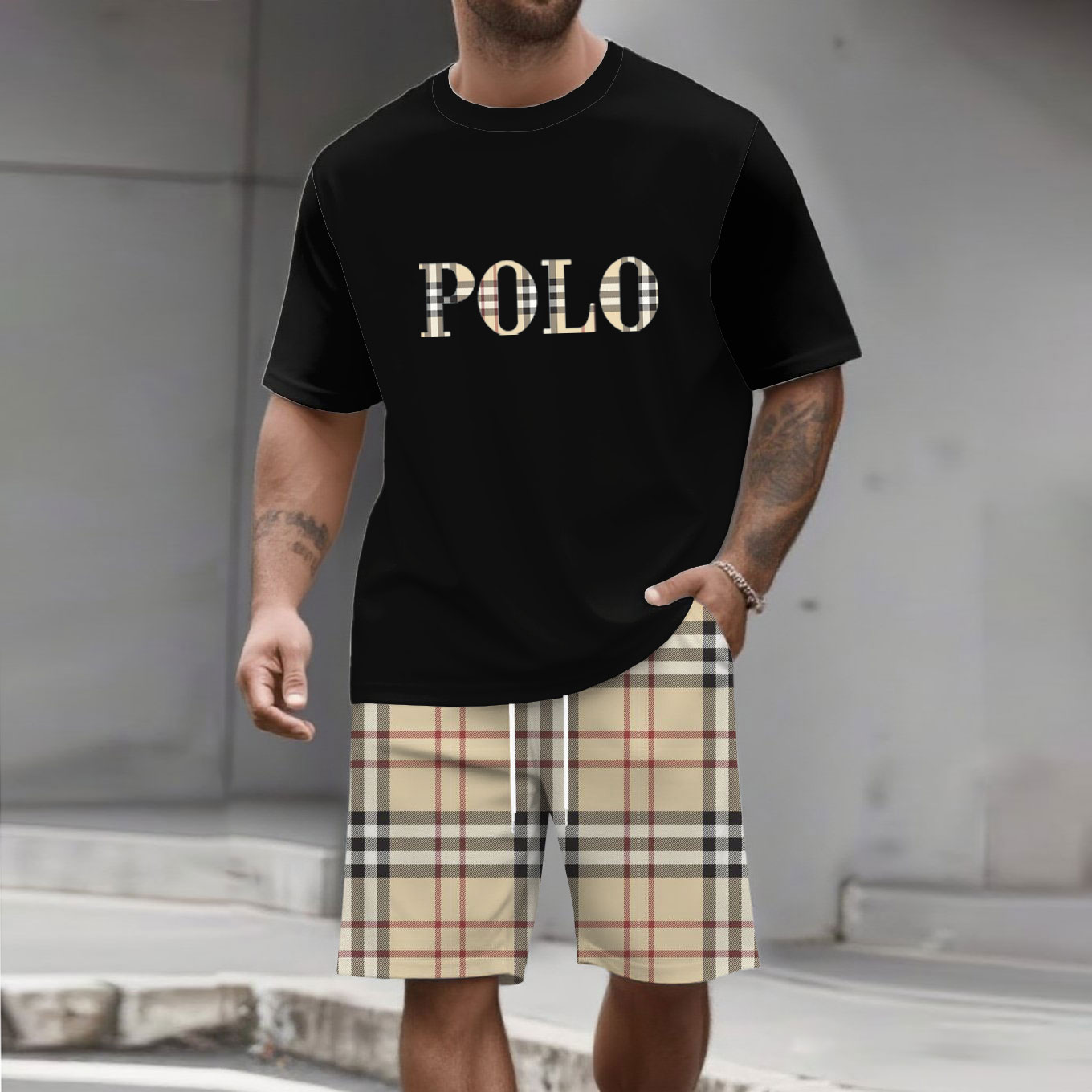 Men's Fashion Casual Color Matching Printed Short-Sleeved Two-Piece Set