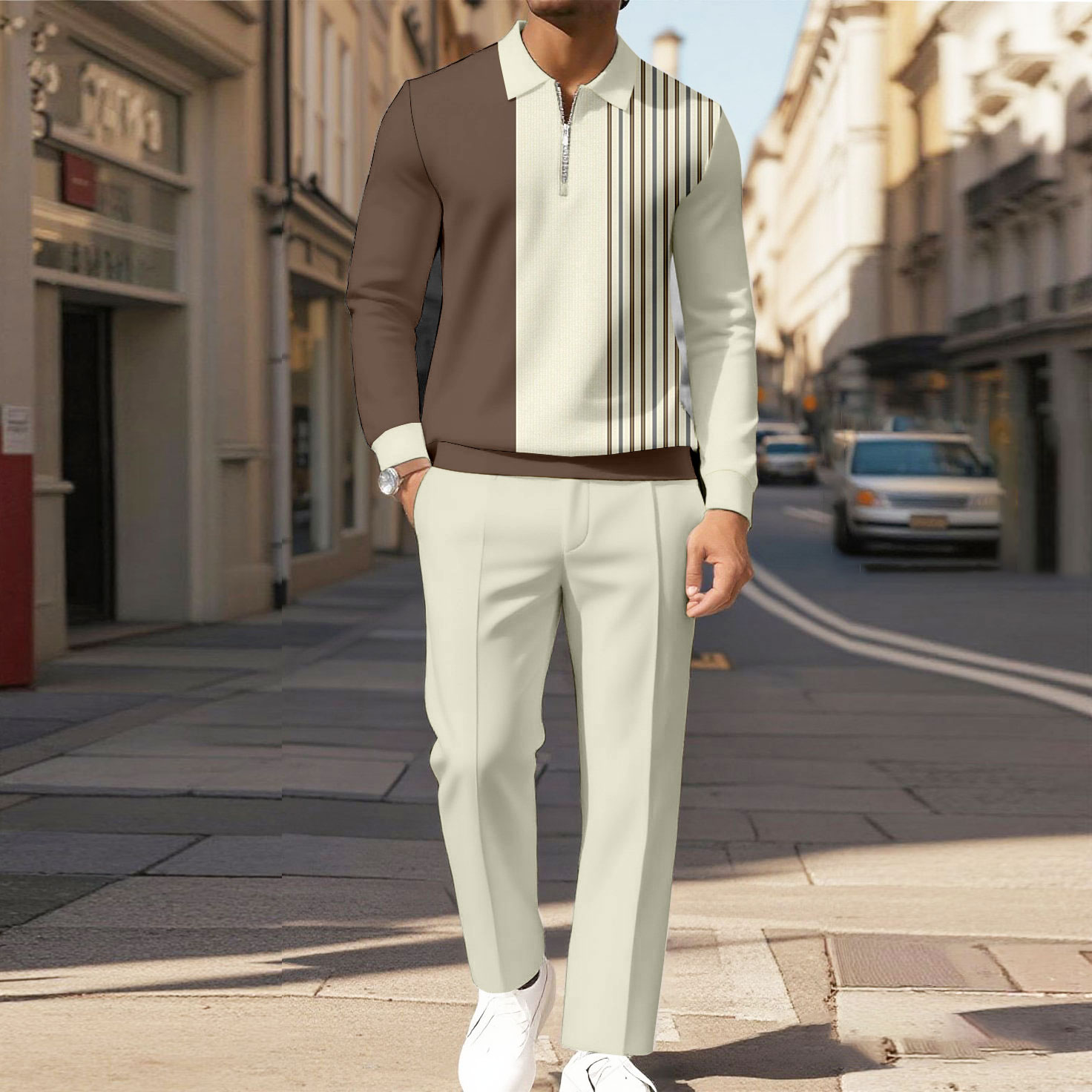 Men's Casual Color Matching Printed Polo-Collar Zipper Long Sleeved Trousers Two-Piece Set 1103