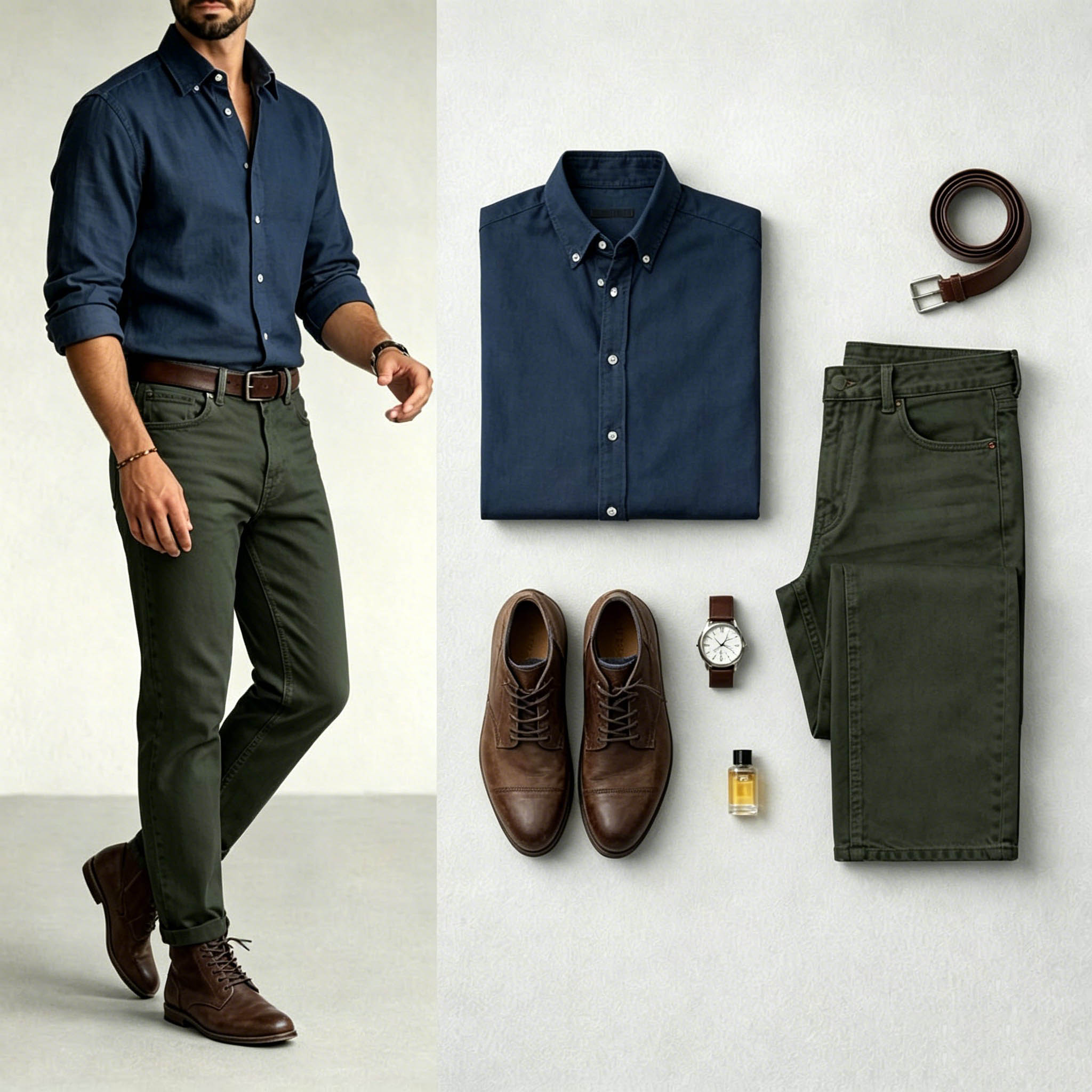 Men's Navy Blue & Army Green Color Matching Retro Style Lapel Collar Long Sleeves Shirt & Jeans Two-Piece Set