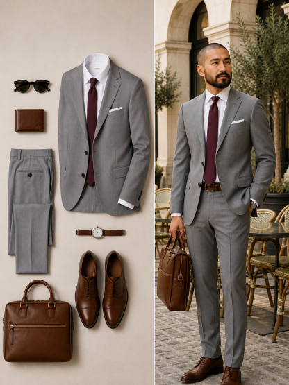 Men's Light Gray Blazer And Matching Dress Pants 2‑Piece Suit Set