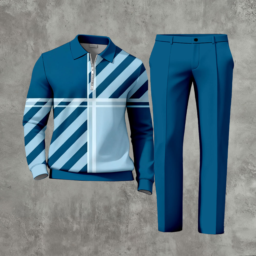 Men's Casual Peacock Blue & Light Blue Color Matching Asymmetric Geometric Printed Zipper Long Sleeved Polo Shirt & Trousers Two-Piece Set