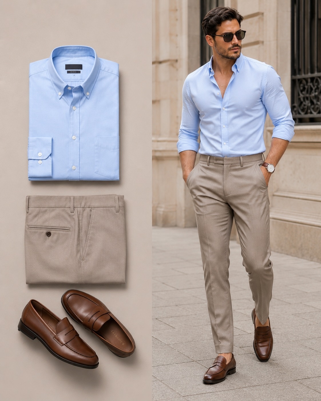 Men's Casual Color Matching Short Sleeves Knit Polo Shirt & Trousers Two Piece Set