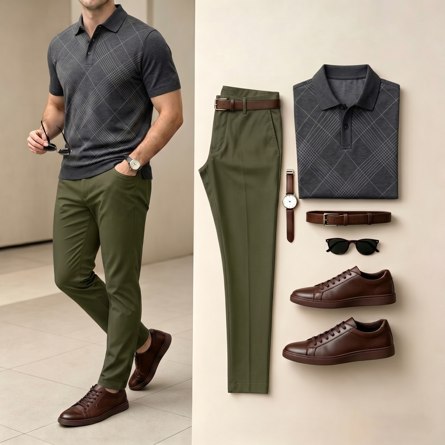 Men's Gray Color Striped Printed Short Sleeved Polo Shirt & Pants Two-Piece Set