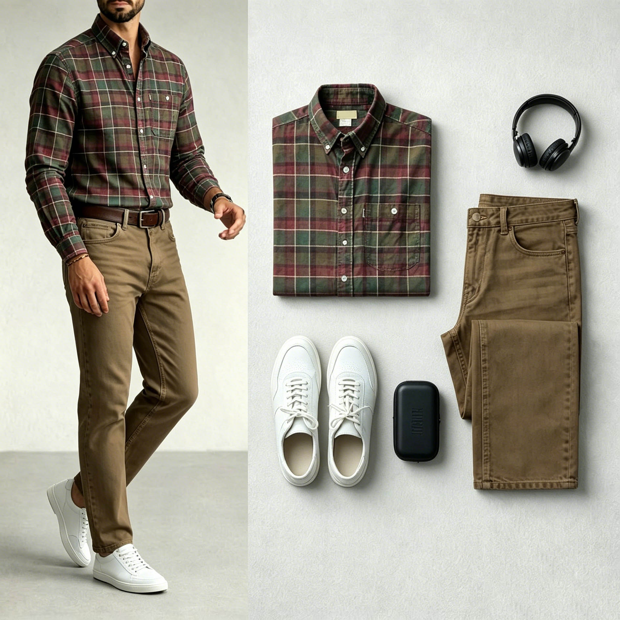 Men's Green Red & Khaki Green Color Matching Retro Style Lapel Collar Long Sleeves Shirt & Jeans Two-Piece Set
