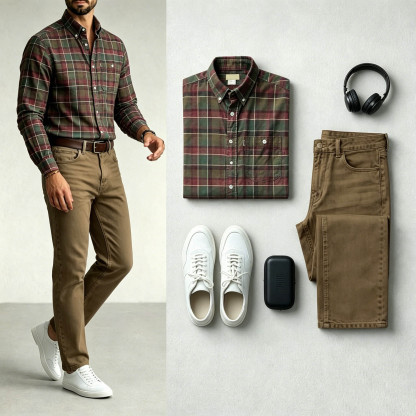 Men's Green Red & Khaki Green Color Matching Retro Style Lapel Collar Long Sleeves Shirt & Jeans Two-Piece Set