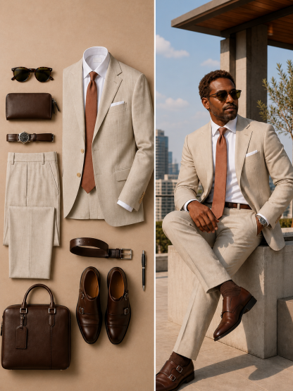 Men's Beige Blazer And Matching Dress Pants 2‑Piece Suit Set