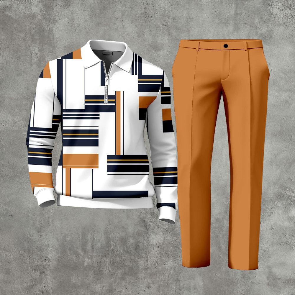 Men's Casual Color Matching Printed Polo-Collar Zipper Long Sleeved Tr