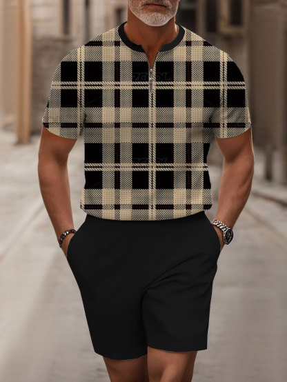 Men's Fashion Casual Round-Neck Zipper Black & Apricot CHeckered Printed Short-Sleeved Two-Piece Set