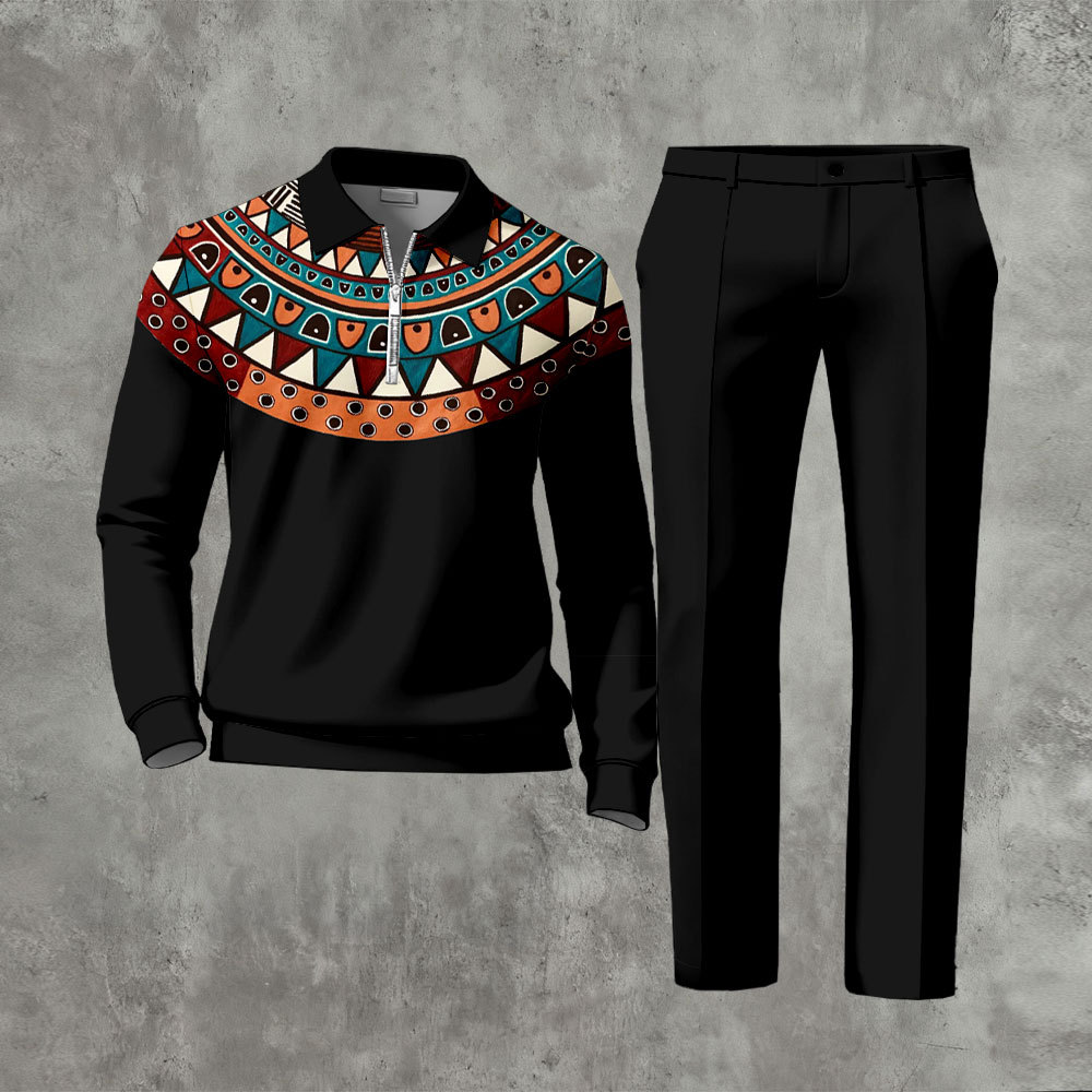 Men's Casual Black Color Vintage Printed Zipper Long Sleeved Polo Shir