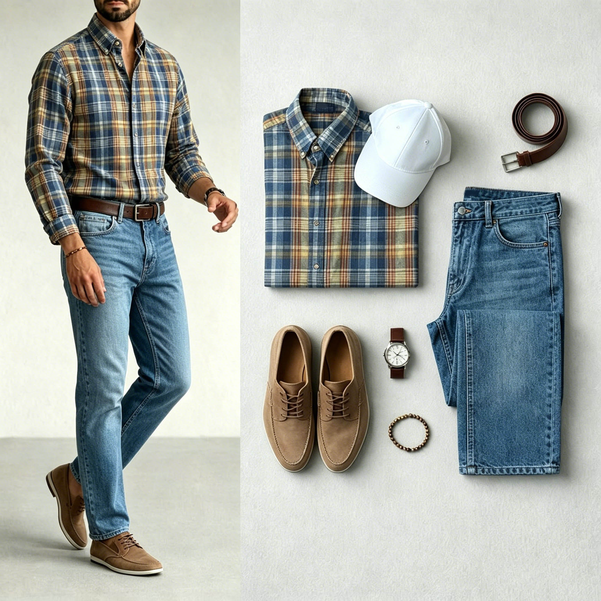 Men's Blue & Yellow Color Matching Retro Style Plaid Printed Lapel Collar Long Sleeves Shirt & Jeans Two-Piece Set