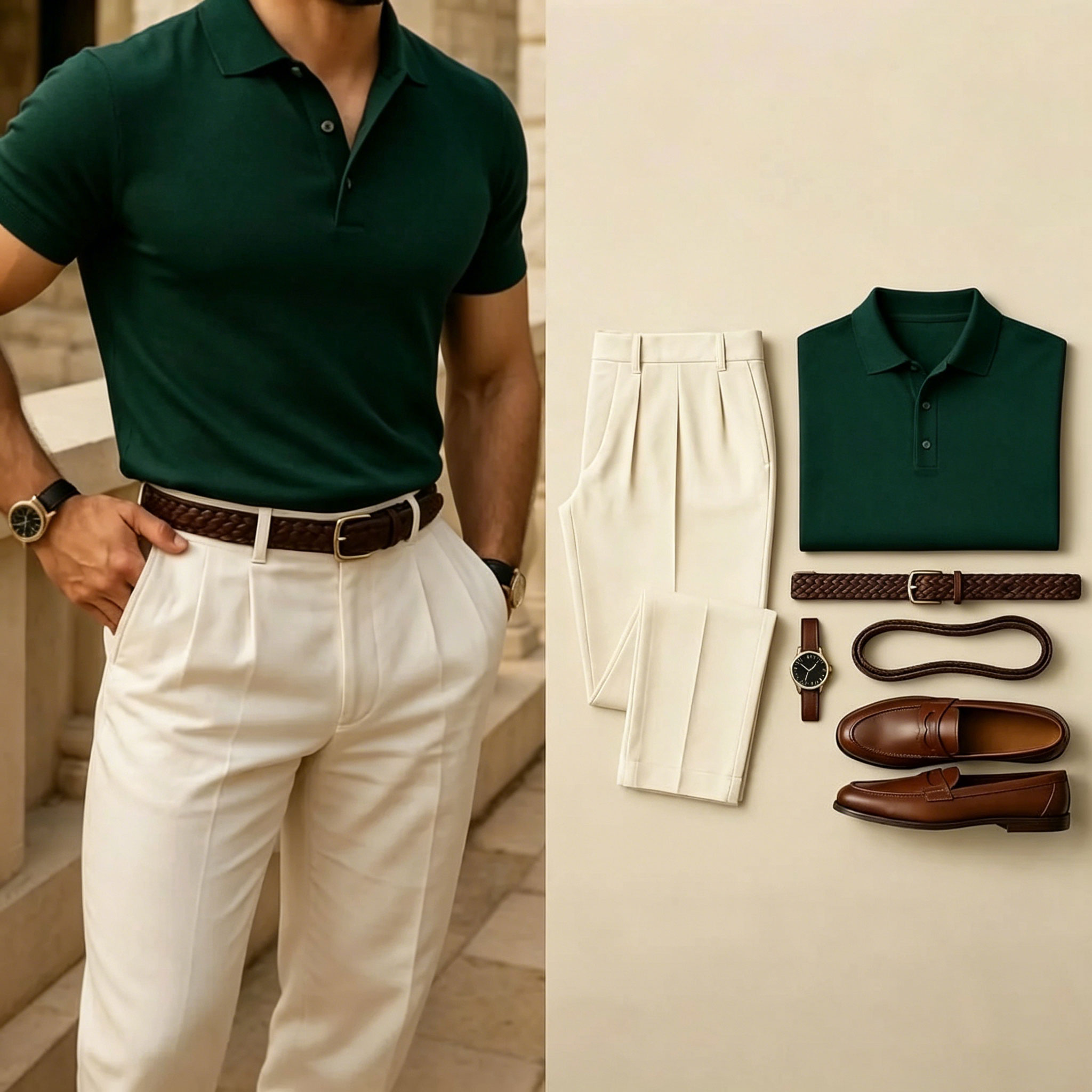 Men's Casual Color Matching Short Sleeves Polo Shirt & Pants Two Piece Set