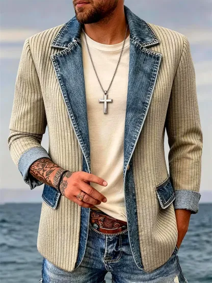 Men's Casual Corduroy Denim Patchwork Blazer Jacket