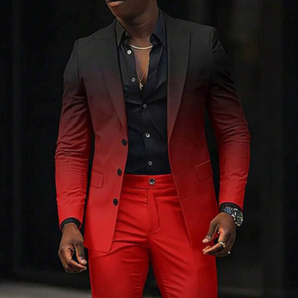 Men's Gradient Black & Red Color Matching Gradient Printed Long Sleeves Suits Jacket& Trousers Two Pieces Set