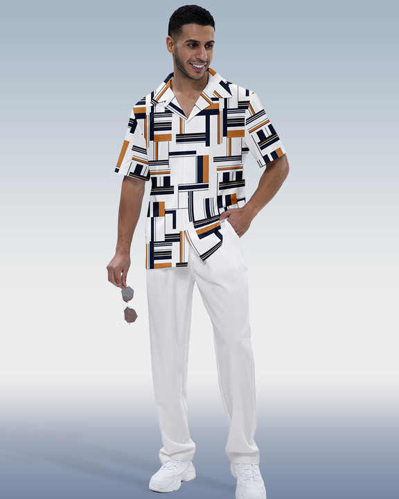 Men's Color Block Print Short Sleeve Shirt Walking Set 2 Color