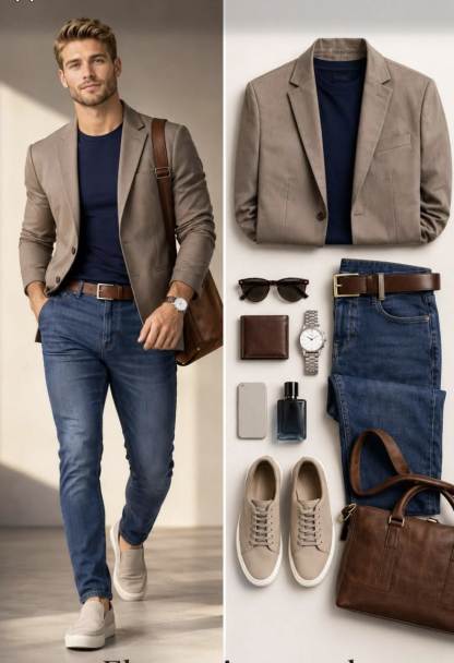 Men's Business Casual Navy & Brown Color Matching Retro Style T-Shirt & Jeans & Blazer 3pcs Set