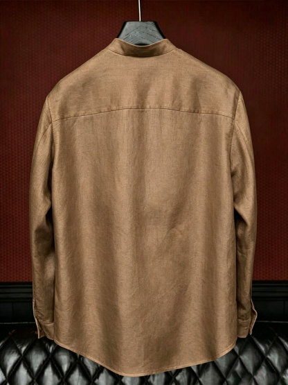 Premium Linen-Blend Mandarin Collar Suit-Coffee