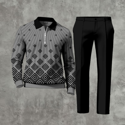 Men's Casual Black & Gray Color Matching Geometric Printed Polo-Collar Zipper Long Sleeved Trousers Two-Piece Set