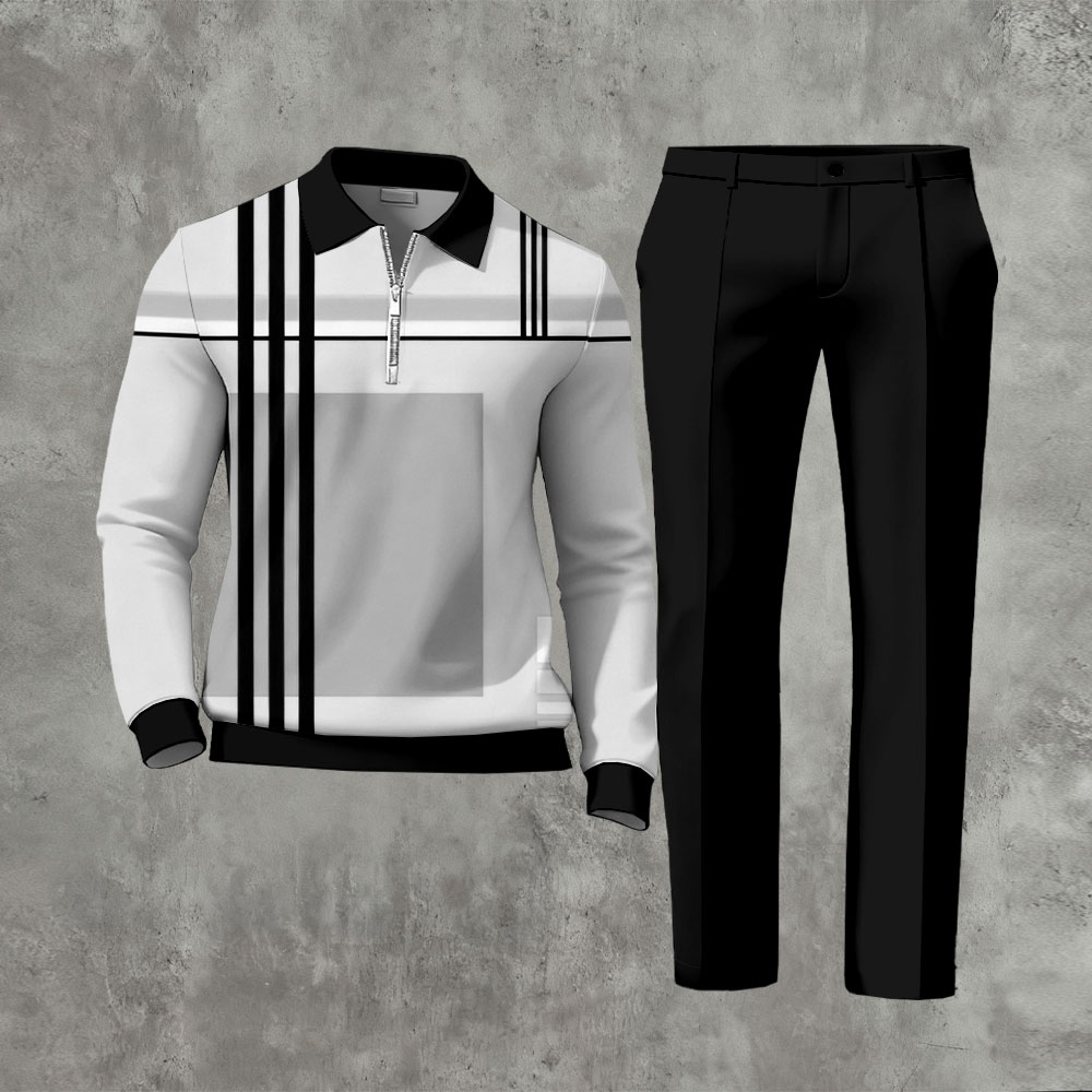 Men's Casual Black & Gray Color Matching Geometric Printed Zipper Long Sleeved Polo Shirt & Trousers Two-Piece Set
