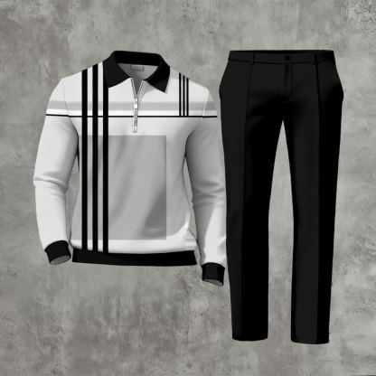 Men's Casual Black & Gray Color Matching Geometric Printed Zipper Long Sleeved Polo Shirt & Trousers Two-Piece Set