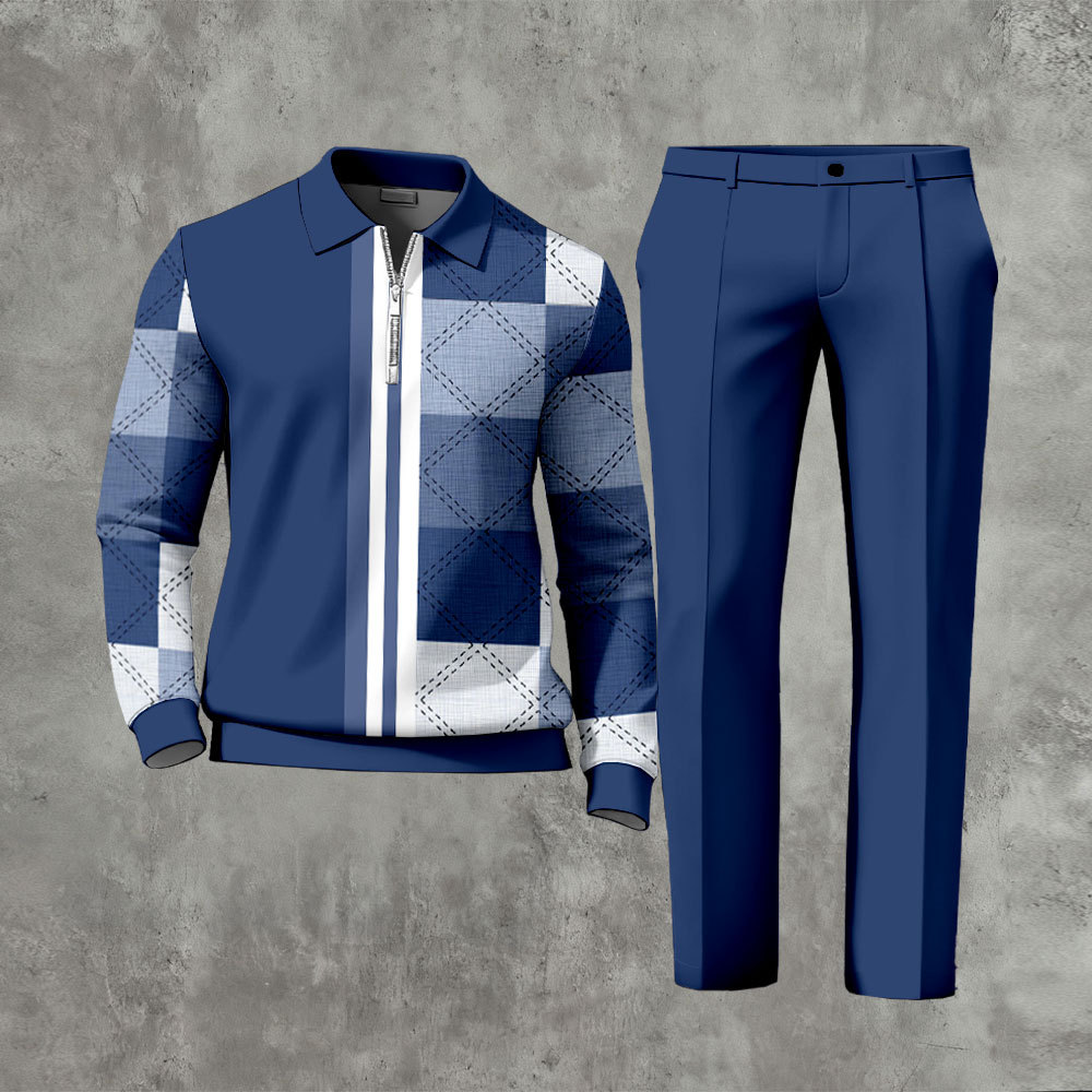 Men's Casual Denim Blue Color Matching Asymmetric Printed Zipper Long 