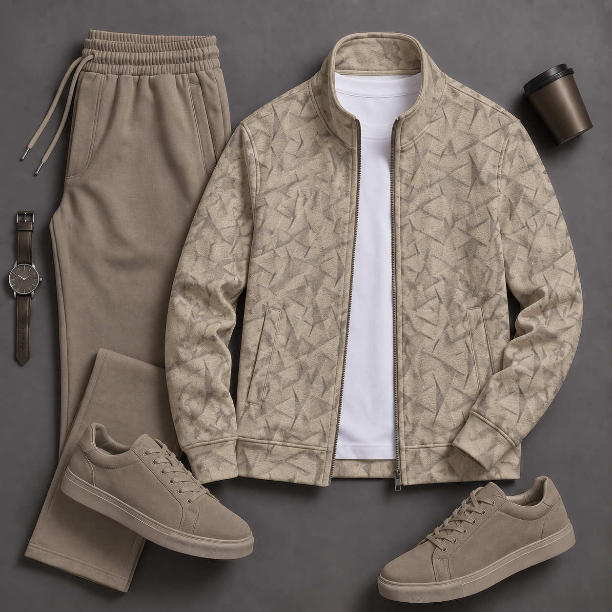 Men's Causal Stand Collar Leopard Pattern Jacket & Pants Two-Piece Sets
