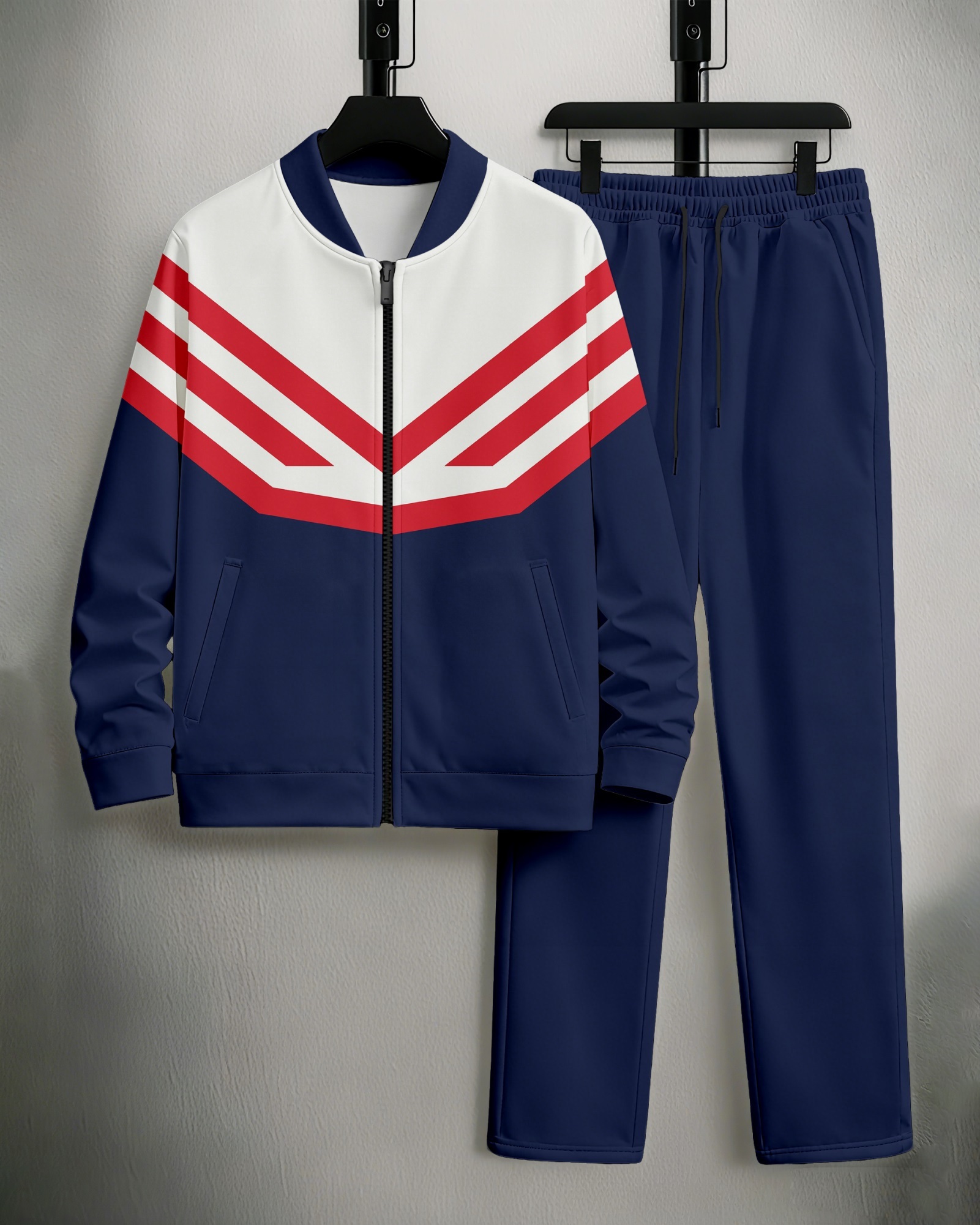 Men's Minimalist Navy Blue & Beige Color-Block Jacket Sports Jogging Set 26