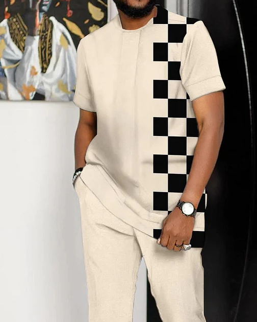 Men's Checkered Print Short Sleeve Suit